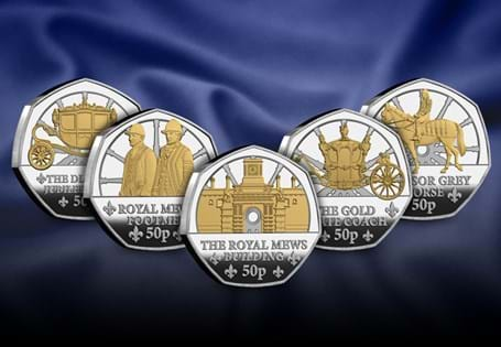 Featuring five brand new 50p coins issued by Guernsey to commemorate 200 years since the historic Royal Mews were built. Each 50p is struck from sterling silver with selective 24 carat gold-plate. 