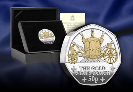 This prestigious fifty pence coin is struck from five ounces of pure silver with selective 24 carat gold-plating . Issued to celebrate 200 years since the historic Royal Mews were built. 