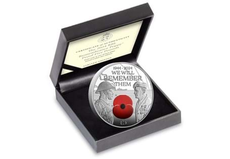 The RBL D-Day Poppy £5 coin features a single veteran on Normandy Beach, depicted in both June 1944 and 2024 with a coloured poppy. 10% from every coin sold will go directly to the RBL. EL: 4995