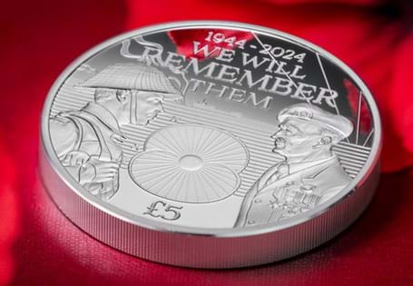 The  RBL D-Day Poppy £5 has been struck from Pure Silver and portrays a veteran on Normandy Beach, depicted in both June 1944 and 2024. 10% from every coin sold will go directly to the RBL. EL: 500