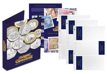 The Change Checker Banknote Collecting Pack, with space for all eight circulating banknotes. Included are ID cards for each note, an information page about notes and a Change Checker Album.