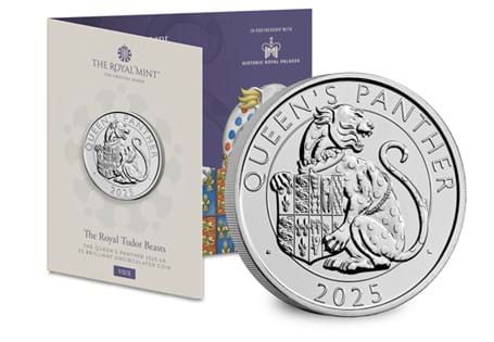 The 2025 UK Queen's Panther BU £5 Pack. By The Royal Mint featuring the last beast of the statues from the Moat Bridge of Hampton Court Palace, symbolising the union of Henry VIII and Jane Seymour.