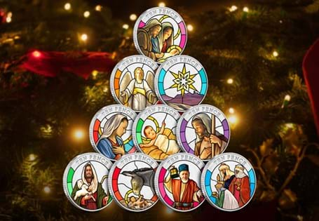 The 2024 Christmas Nativity 10p Coin Set, featuring vivid stained glass designs of Nativity characters. Each set comes in a presentation case with a certificate of authenticity.