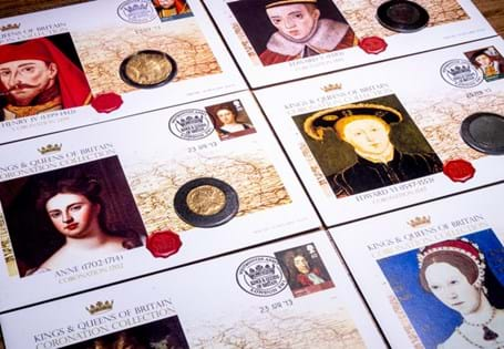 This cover collection brings together the covers and replica coins of different British Monarchs in a complete presentation folder