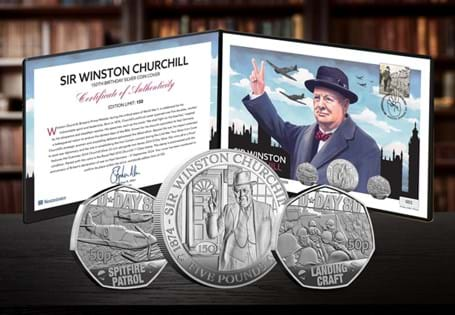 This cover features the brand new Guernsey 2024 Churchill Silver Proof£5 coin, and two Jersey D-Day Silver 50p coins, alongside the Royal Mail 2010 Churchill 1st class stamp.