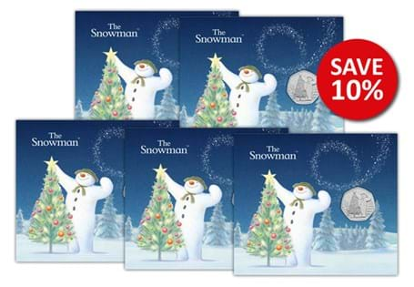 This bundle contains five of The Snowman UK 2024 BU 50p coins
presented in a themed greetings card from The Royal Mint.