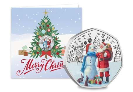 This Christmas card features the new 2024 Snowman 50p issued by Guernsey Treasury in vivid colour - encapsulated within the card to protect its superior Brilliant Uncirculated finish.