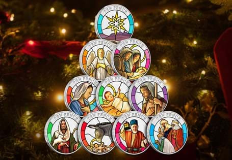 The 2024 Christmas Nativity 10p Coin Set, featuring vivid stained glass designs of Nativity characters. Each set comes in a presentation case with a certificate of authenticity.