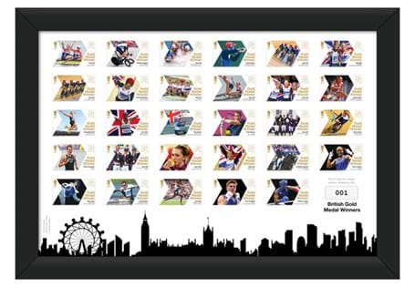 This stunning framed presentation showcases all 29 gold medalist stamps, each capturing iconic sporting moments. Individually numbered, it offers a limited edition tribute to these historic victories.