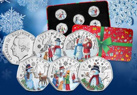 The 2024 Christmas 50ps each depicts a festive snowman. They have been struck to a Brilliant Uncirculated finish with the addition on selected colour print. This set comes packaged in a Christmas tin.