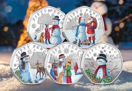 The 2024 Christmas 50ps have been issued by Guernsey and each depicts a festive  snowman. They have been struck from Sterling Silver to a Proof Finish with selected colour print. Edition Limit: 500