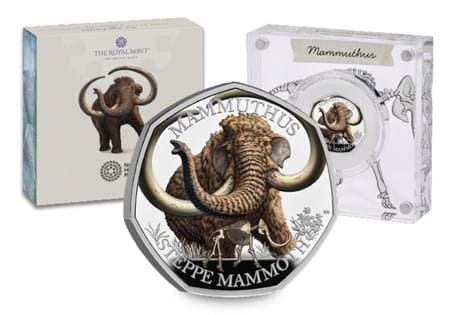 The brilliant uncirculated Steppe Mammoth 50p coin from The Royal Mint.