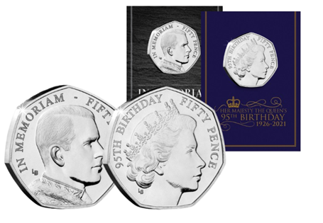 This 50p Pair brings together the Queen Elizabeth II 1950s 50p and the Prince Philip Memoriam 1950s 50p. Issued by Isle of Man