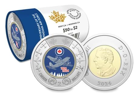 A special wrap roll including 25 Canadian $2 coins commemorating 100 years of the Royal Canadian Air Force's service. The design on the inner core has selective colour.