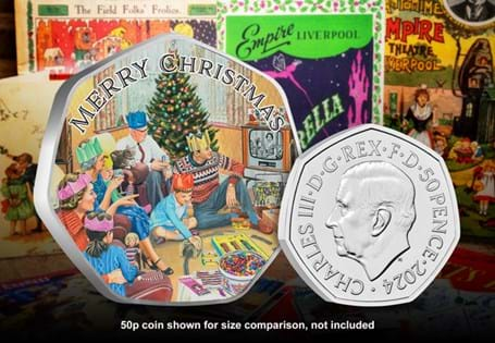 This impressive 50mm commemorative features the artwork of
Trevor Mitchell and captures a very British Christmas in the 1950s.