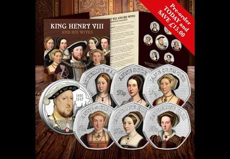 Issued by Guernsey, this set of six BU 50p coins tells the story of British history's most dramatic chapter - the notorious reign of Henry VIII and his six wives.