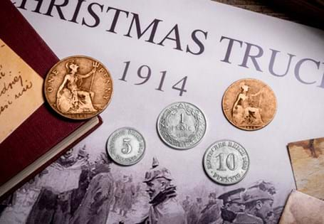 This Christmas Truce Collection includes two Penny coins from the United Kingdom, two Pfennig coins from the German Empire and a Belgian1 Franc silver coin, all of which were minted in 1914.