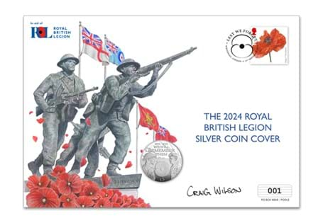 This cover features the 2024 RBL Silver £5, struck from Sterling Silver. Also featured is the 2014 Poppy 1stClass Stamp postmarked on 11th Nov 2024. The artwork depicts the British Normandy memorial.