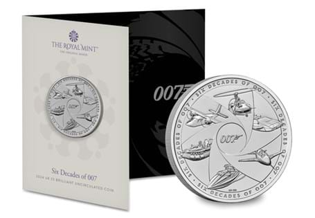 The UK 2024 Six Decades of Bond BU £5 coin pack, released by The Royal Mint in celebration of the iconic James Bond film franchise.