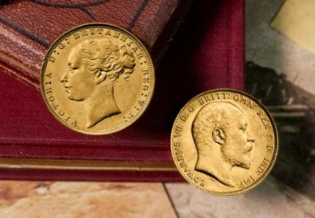 This Sovereign pair brings together 22 carat Gold coins from the reigns of Victoria and her son Edward VII