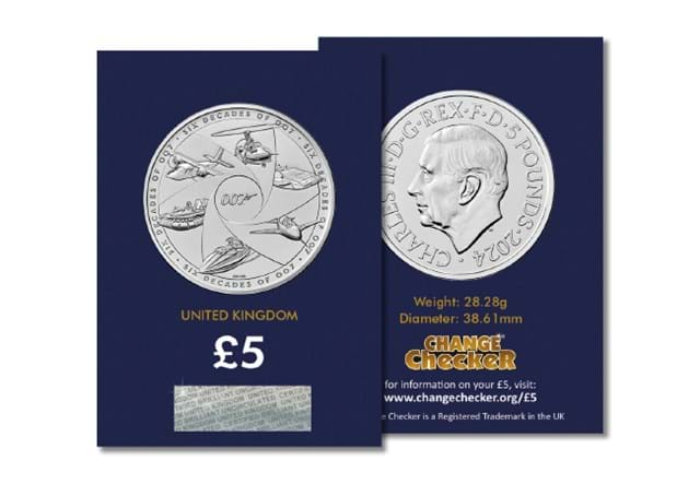 2024 UK Six Decades of Bond CERTIFIED BU £5 OBVERSE REVERSE in packaging