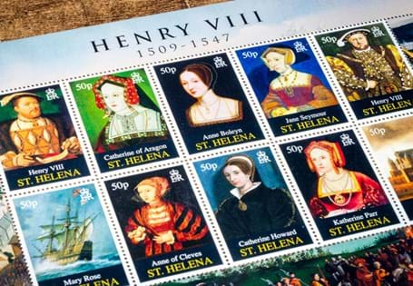 St Helena Face Value Sheet. 10 value sheet featuring old & younger Henry VIII portraits, his six wives, his flagship The Mary Rose & his home Hampton Court Palace. 