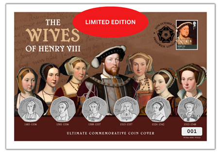 This limited edition coin cover features six 50p coins issued by Guernsey to commemorate the wives of Henry VIII and the most dramatic chapter in British history. 