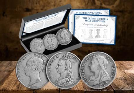 This set contains three silver half crowns issued during the reign of Queen Victoria featuring each of the portraits used on her coinage: the young head, jubilee head and veiled head.