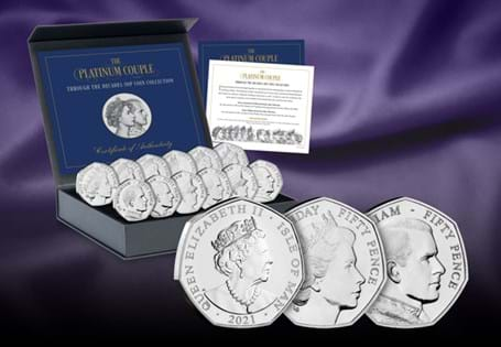 This collection brings together twelve Brilliant Uncirculated 50p coins. Issued by Isle of Man to mark Queen Elizabeth II's 95th birthday and to commemorate the life of Prince Philip.