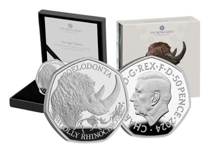 The Royal Mint's Ice Age Giants: Woolly Rhino 50p coin, struck from Sterling Silver to a pristine Proof finish. EL: 500