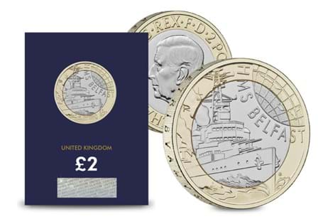 The Royal Mint have struck a UK £2 featuring the HMS Belfast. It has been struck to a Brilliant Uncirculated quality and protectively encapsulated in official Change Checker packaging.