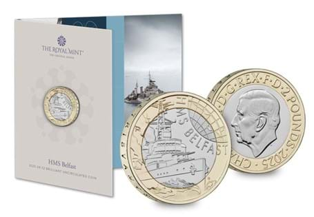 The UK 2025 HMS Belfast Brilliant Uncirculated £2 coin in official Royal Mint packaging.