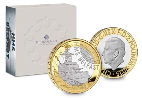 The UK 2025 HMS Belfast Silver Proof £2 coin in official Royal Mint packaging. Edition limit: 3,500.