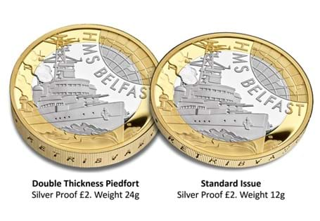 The UK 2025 HMS Belfast Silver Proof Piedfort £2 coin in official Royal Mint packaging. Edition limit: 1,938.