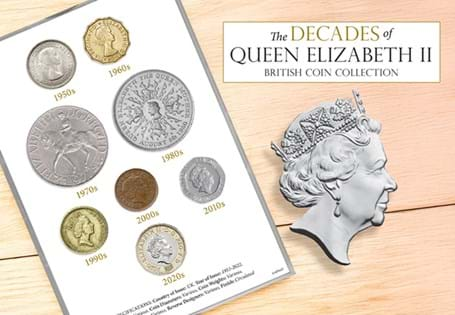 This collector's frame brings together eight British coins from each decade of Elizabeth II's record-breaking reign