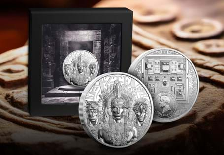 This Aztec Empire coin features a 3-dimensional design on the obverse and reverse created using high relief. One side depicts three Aztec Warriors, and the other features an Aztec temple. EL: 999