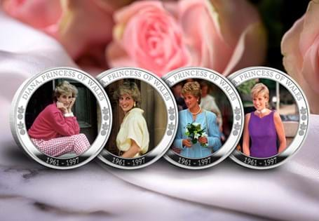 Issued to mark 60 years since the birth of Princess Diana, this set comprises four stunning silver-plated coins featuring iconic colour photographs of Princess Diana. Edition Limit: 200