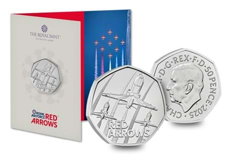 The UK 2025 Red Arrows Brilliant Uncirculated 50p coin, released by The Royal Mint.