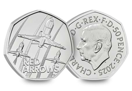 The UK 2025 Red Arrows Brilliant Uncirculated 50p coin, released by The Royal Mint.