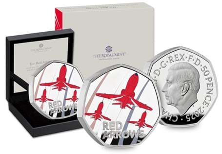 The UK 2025 Red Arrows Silver Piedfort coin, struck to a Proof finish with the addition of vivid colour detail. Release from The Royal Mint with an edition limit of 1,500.