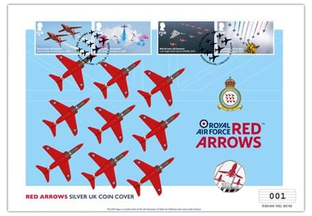 The Red Arrows Silver Coin Cover. Featuring the Red Arrows 50p struck from Sterling Silver to a Proof finish. With four Royal Mail Red Arrows 1st Class stamps. Officially postmarked by the Royal Mail.