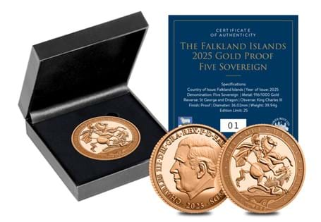 This 5 Sovereign Piece has been issued by the Falkland Islands in 2025 as their first ever Sovereign release. Just 25 worldwide.