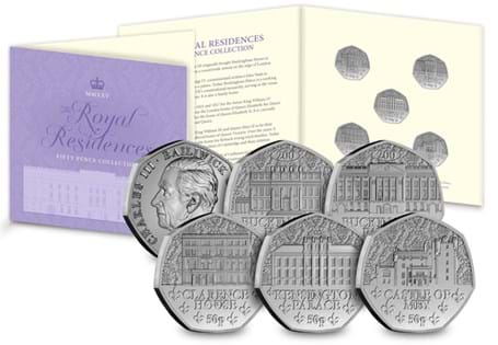 Own the 2025 Royal Residences 50p Set in Brilliant Uncirculated quality. Featuring Buckingham Palace, Buckingham House, Kensington Palace, Castle of Mey and Clarence House. 