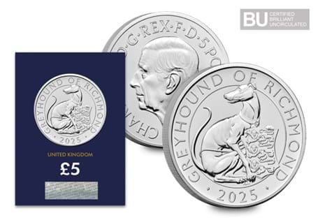 This £5 coin has been issued to celebrate the Royal Tudor Beasts and features the Greyhound of Richmond. It is struck to a Brilliant Uncirculated quality and encapsulated in Change Checker packaging.