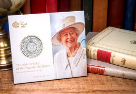 This £5 coin was issued in 2016 to celebrate the Queen's 90th birthday. The coin is in brilliant uncirculated quality and is protectively displayed in a presentation pack.