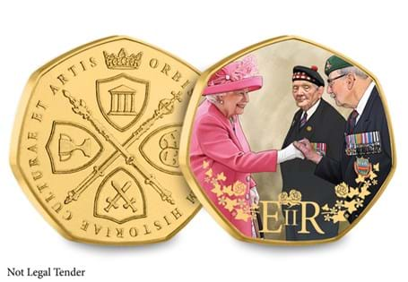 This commemorative features Queen Elizabeth II meeting and shaking hands with two British Armed Forces Veterans during the VE Day Anniversary event.