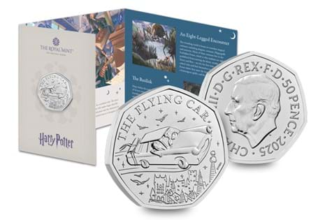 The UK 2025 Harry Potter and the Flying Car Brilliant Uncirculated 50p coin from The Royal Mint.