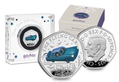 The UK 2025 Harry Potter and the Flying Car Silver 50p struck to a proof finish with the addition of vivid colour detailing. EL: 2,500